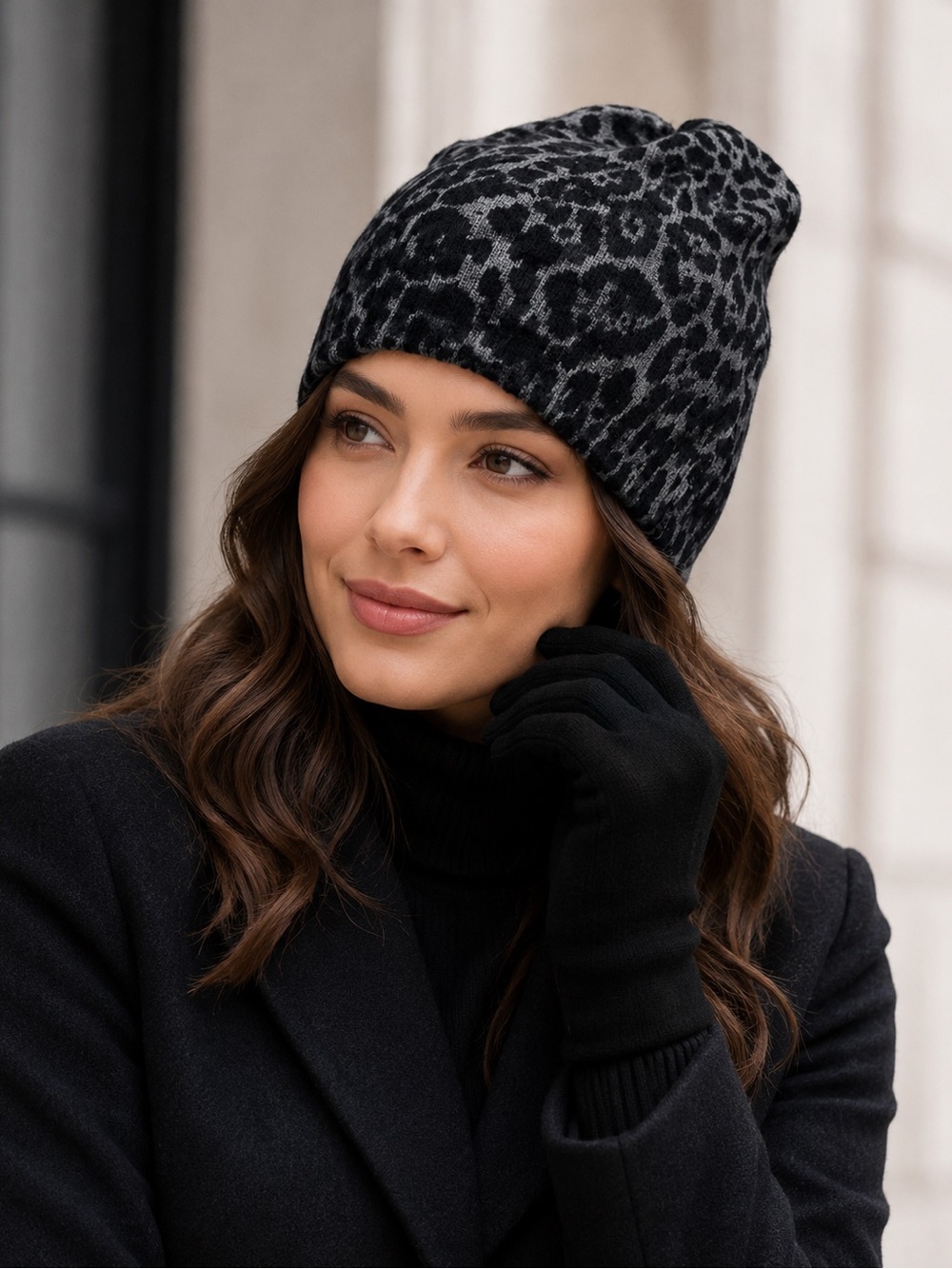 Neiman Marcus Black and Gray Leopard hat and gloves Knit Set